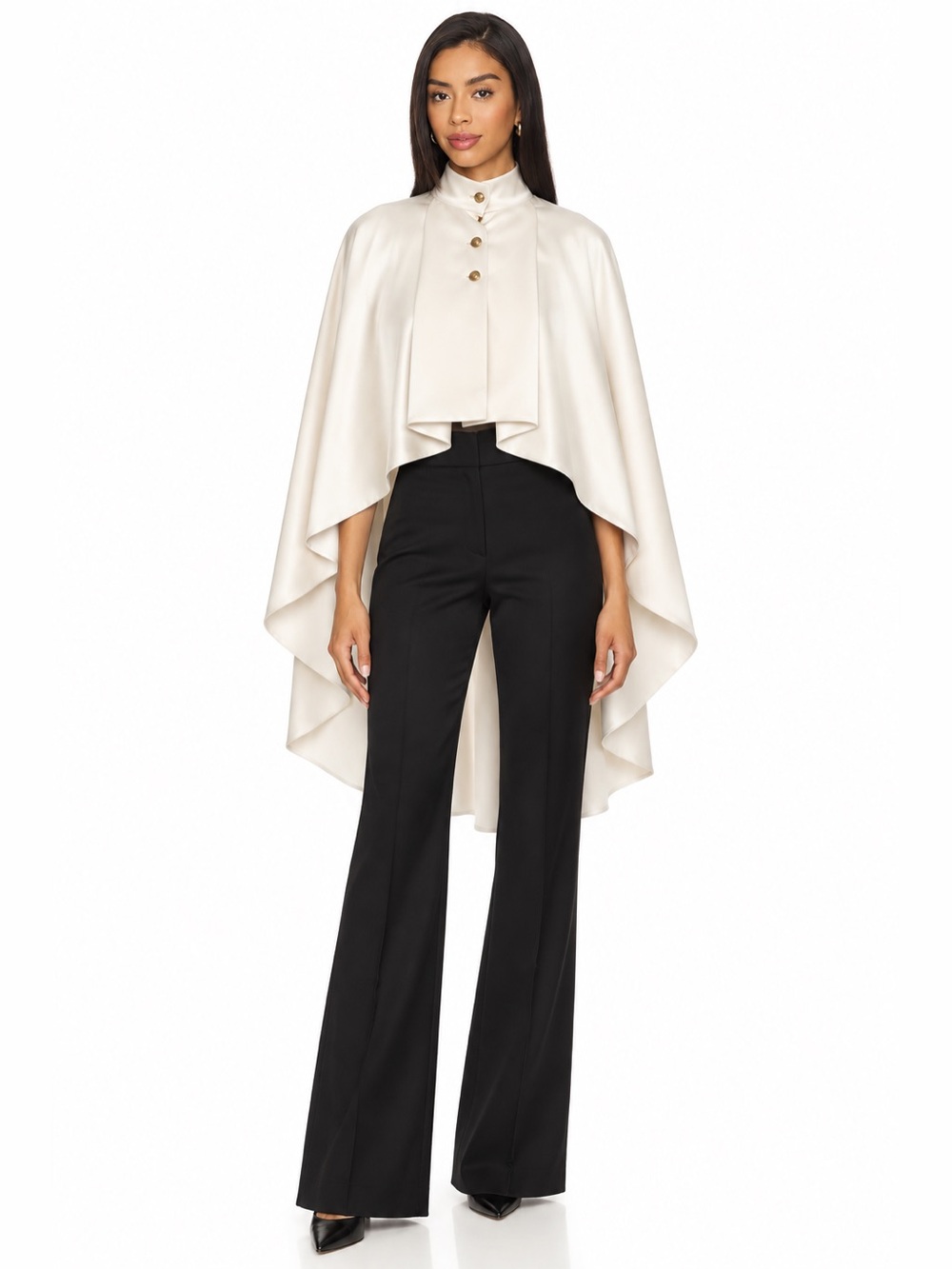 Alice + Olivia Ivory Satin Draped High-Low Cape Jacket Gold Buttons XS/Small